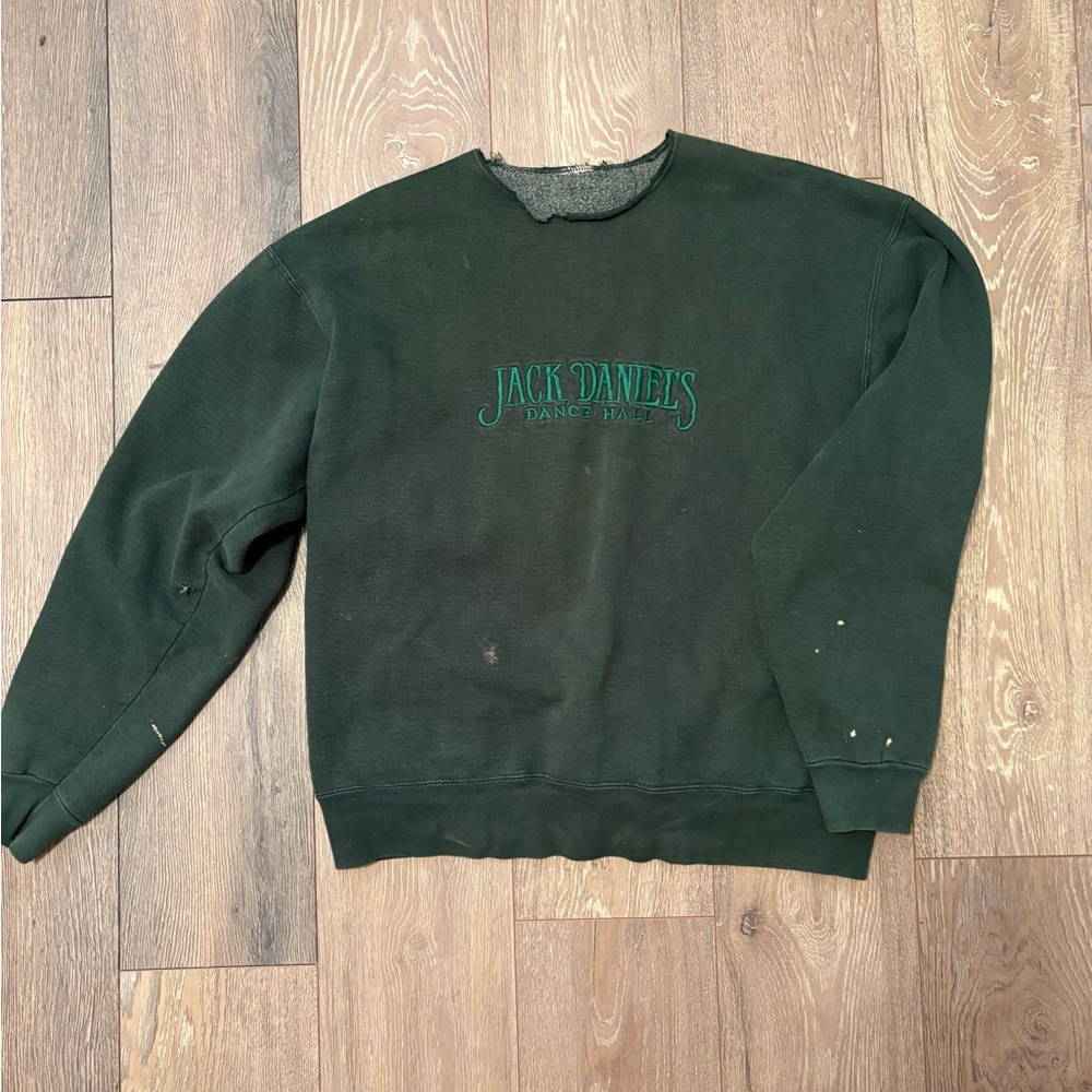 Distressed Jack Daniels Men's Dark Green Crewneck Sweater